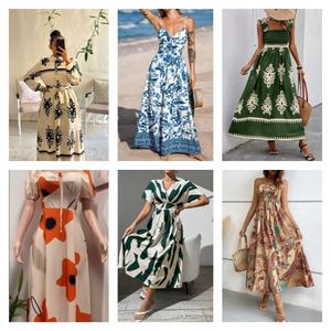 Vestido Largo de Verano con Cordones, Vestido de Una Pieza para Mujer, con Escote Fruncido, Abertura, Volantes en el Dobladillo, Estampado Floral Fresco - Product Image 5