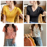 Nouveau T-shirt en tricot pour femme, style coréen, à manches courtes, col en V, coupe ajustée, couleur unie, en fibre de viscose, sans repassage, collection Printemps/Été