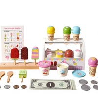 Jeu de magasin d'alimentation en bois pour enfants avec pelle, cornets, bâtonnets glacés, comptoir de crème glacée Montessori