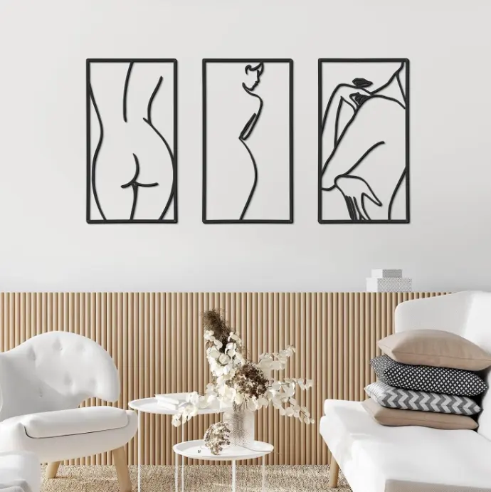 Customized laser cut metal mural with abstract and minimalist female body lines in art