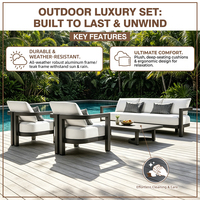Ensemble de mobilier de patio moderne pour hôtels, resorts et villas, avec table basse longue en aluminium et teck et canapé d'extérieur, personnalisable pour projets.