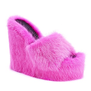 Mules en fourrure à bout ouvert pour femmes, talons hauts moelleux, <span class=keywords><strong>plateforme</strong></span> <span class=keywords><strong>rose</strong></span>, sandales compensées - Product Image 2