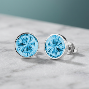 Wholesale Fashion Fine Jewelry 925 Sterling <b>Silver</b> 7mm Aqua Blue Cubic Zirconia Round Bezel Setting Stud <b>Earrings</b> for Girls - Product Image 4