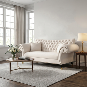 Elegante Juego de Sofás Chesterfield Gótico Vintage 2+3, Muebles de Estilo <span class=keywords><strong>Americano</strong></span> en Color Crema Cálido, Juego de Sofás Tapizados en Tela para Sala de Estar - Product Image 3