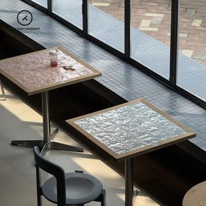 Juego de Mesa y Sillas de Comedor Personalizables de Acero Inoxidable con Cubierta de Cerámica Estilo Coreano para Restaurante, Pastelería o Cafetería - Product Image 2
