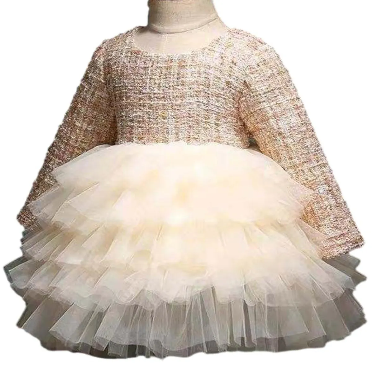 Haute qualité tweed à manches longues enfants fête porter des robes en tulle pour les filles pour le printemps et l'automne