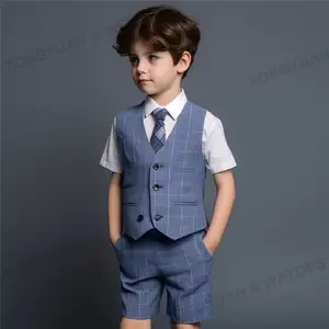 Custom Clothing Custom Kid Tuxedo Short Suit 3 Piece Blue Checked Pattern Short Vest Suit Boy Formal Suit For Summer