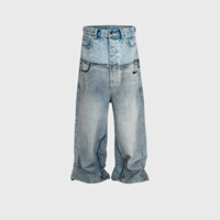 Jeans larges et amples de style streetwear, double couche, double taille, patchwork, délavé, effet usé, logo brodé personnalisé