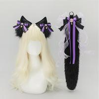 S0008 Ensemble de serre-tête et de queue en peluche faits à la main, oreilles de renard foncé, queue de renard, accessoire de cosplay avec nœud, accessoire d'oreille de loup Lolita pour cosplay