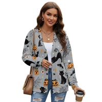 Cardigan long classique en maille respirante 100 % polyester pour femme, imprimé chat noir, citrouille, chauve-souris, toile d'araignée, col en V, collection automne Halloween