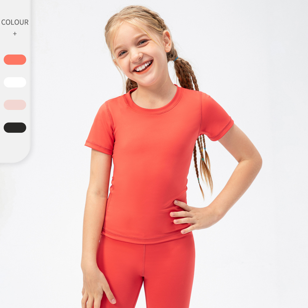 2025 Sports Running Short Sleeve T-shirt Round Neck Gym Fitness Crop Top Kids Children Girls Yoga T-Shirt