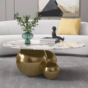 Tables basses rondes en pierre OEM d'usine, tables de salon de luxe avec base en métal et plateau en marbre, vente en gros de meubles pour hall d'hôtel - Product Image 5