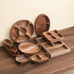 Ensemble de plateaux de service en bois de noyer, ronds et ovales, avec compartiments, pour le thé, les collations, usage hôtelier - Product Image 1