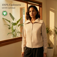 Cardigan en cachemire 100% à double fermeture éclair OEM pour femme, col roulé oversize, rayé, en laine tricotée épaisse et chaude pour l'hiver