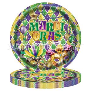 Mardi Gras Party Plates <b>Round</b> Disposable Paper Gold Green Purple Carnival Theme Decorations - Product Image 1