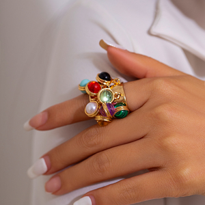 Bague tendance multicolore en perles de verre lisses avec pendentif gland pour femme, bague ouverte plissée large pour femme, bijoux cadeaux - Product Image 2