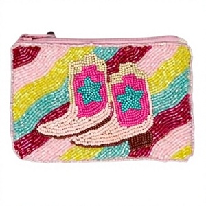 Beaded Coin Purse With Cowboy Boots Design Zipper Closure Bohemian Style <b>Mini</b> Size Unisex - Product Image 1