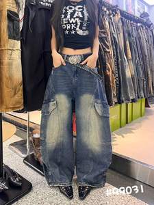 Pantalones Cargo de Mezclilla Lavada para Mujer, de Pierna Ancha, con Múltiples Bolsillos, Ajuste Holgado, Estilo Urbano - Product Image 1