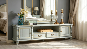 Elegant Gold Trim Solid Wood TV Console 2 Door 2 Drawer <b>Open</b> Storage Turned Leg Media Stand Farmhouse Bedroom Living Room TVs - Product Image 2