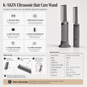 K·SKIN Baguette de soin capillaire ultrasonique KD8028, peigne électrique portable sans fil en acier inoxydable, alimenté par batterie 2.0W - Product Image 1