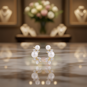 Orecchini a perla dorata E4148 con diamante taglio marquise e design floreale, placcati oro 22k, stile romantico da donna per matrimonio - Product Image 2