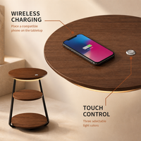 Lampe de sol moderne intelligente sans fil avec chargeur LED, 3 niveaux de rangement, en bois grainé et métal, pour salon, chambre, canapé, chevet