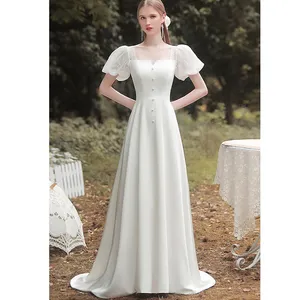 Fransız tarzı saten düğün elbisesi basit zarif beyaz gelin balo abiye seksi minimalist düğün elbisesi gelin için