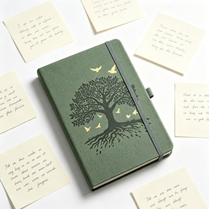 Green Fabric <b>Diary</b> With Tree and Birds Design Hardcover Sewing Binding Uv Printing <b>A5</b> Size - Product Image 1