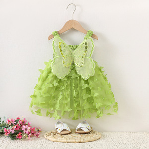 Vestido Infantil de Moda al por Mayor 1635 para Niñas de <span class=keywords><strong>6</strong></span> <span class=keywords><strong>A</strong></span>ños, Estilo Dulce de Verano, Vestido con Tirantes de Malla con Lazo y Parches, Color Sólido - Product Image 1