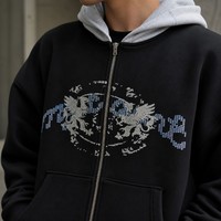 Nouveau sweat à capuche personnalisé bicolore contrastant, imprimé graphique vintage effet vieilli avec motif ailes, coupe oversize style streetwear