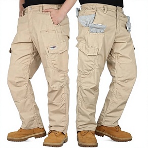 Khaki <b>Cargo</b> <b>Work</b> <b>Pants</b> Elastic Waist Multiple Pockets Heavy Duty Men's Trousers - Product Image 1