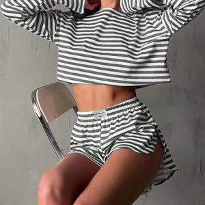 Boutique Women Striped <b>Pajama</b> Shorts <b>Set</b> Long Sleeve Loungewear Homewear Private Label Custom - Product Image 5