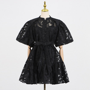 Nouvelle Robe Femme Rétro Imprimée à Boutonnage Simple, Taille Nouée, Manches Lanterne et Dentelle, Tendance - Product Image 3