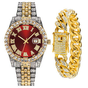 Suxuan Montre à quartz décontractée incrustée de diamants pour hommes Montre en cristal à la mode + <span class=keywords><strong>bracelet</strong></span> Ensemble montre-cadeau - Product Image 5