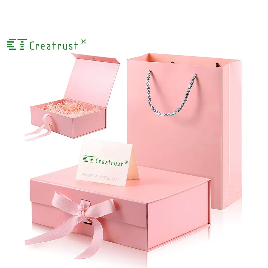Creatrst — sac en papier personnalisé pet, sacs cadeaux en papier stratifié mat, étiquette privée de boutique, élégant, rose, avec ruban doré, logo personnalisé