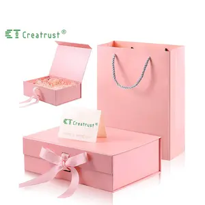 Экологичные подарочные пакеты Creatrust с индивидуальным логотипом, матовый ламинированный бутик, частная этикетка, элегантный розовый бумажный пакет с золотой лентой