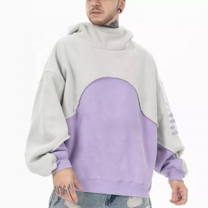 New Fashion <strong>Purple</strong> <strong>Hoodie</strong> Cut and Sew Pullover Patchwork Two Tone Cropped Printing Cut Edge Custom Raw Hem <strong>Hoodie</strong> for <strong>Men</strong> - Product Image 1