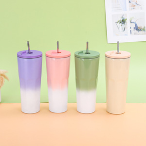 700ml Gradient màu hai lớp thép không gỉ du lịch cốc cà phê thiết kế hiện đại công suất lớn PC chân không Bình rơm 6-12 - Product Image 1