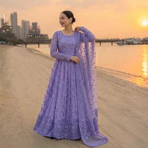 Vestido Largo de Encaje Floral Morado para Mujer, con Mangas Largas y Bordado, con Chal, Elegante para Oficina y Uso Diario, Moderno, 100% Algodón - Product Image 1