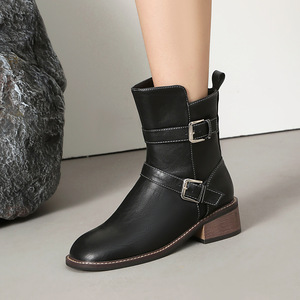 Botines Marrones de Piel Genuina con Punta Redonda, Tacón Cuadrado, Correa con Hebilla, Estilo Moto, Tacón Alto, Envío Directo - Product Image 4