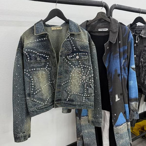 Thick Turn Down Neck Heavyweight Rhinestone Cut and Sew Crystal Streetwear <strong>Green</strong> Custom Cargo Pocket Windproof <strong>Denim</strong> <strong>Jacket</strong> - Product Image 3
