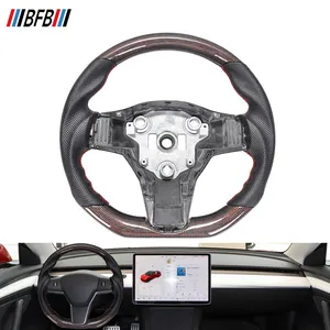 BFB Glossy Red Line Carbon Fiber And Perforated Black Leather Steering Wheel For Tesla Model 3