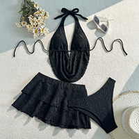 STOK BARU 6 Warna V-NECK Rajutan Wanita 3 Potong Pakaian Renang Atasan Plung Shirt Bikini Brasil dan Set Rok Pantai S-L