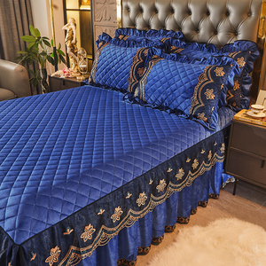 Set Sprei Kasur Tebal Berbahan Campuran Linen Beludru Bordir Jacquard Motif Bunga Gaya Amerika Warna Biru Dongker untuk Pernikahan Musim Dingin - Product Image 2