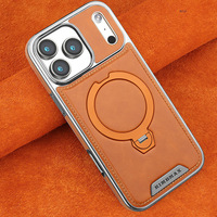 Étui de téléphone en cuir haut de gamme pour iPhone 17 avec support magnétique rotatif pour Apple 16, coque rigide en cuir électroplaqué avec support intégré