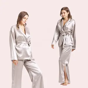 Custom Silver Grey Organic Silk Sleep Wear Long Sleeves 100% Pure Silk Pajamas Set For Women Silk Pajamas