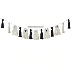 Ghirlanda di fantasmi Boho per Halloween con nappe, striscione in macramè bianco e nero, decorazione fantasma da appendere per forniture festive - Product Image 1