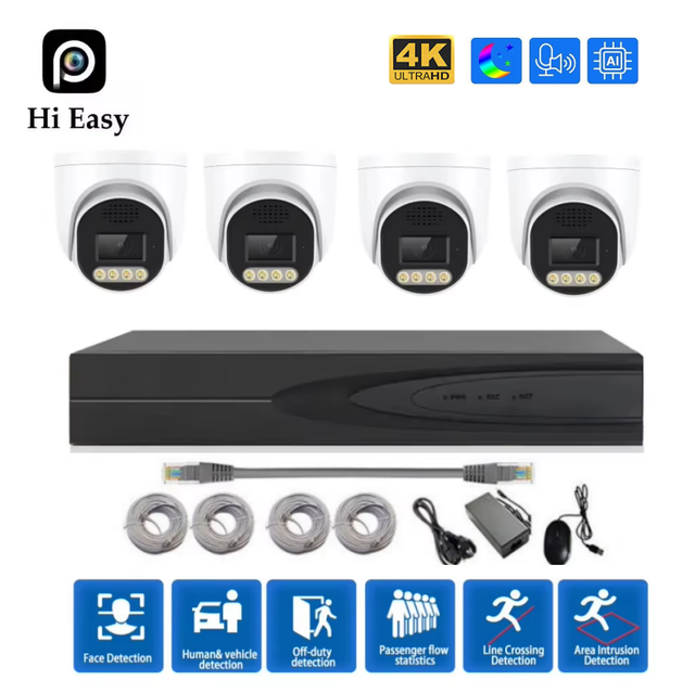 AI Smart 8MP Face Recognition POE Security Camera 4 Channel NVR Kit Waterproof IP Network CCTV System Home Outdoor Cameras Audio