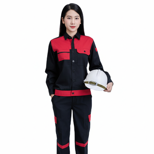 Conjunto de Ropa de Trabajo Transpirable y Duradera para Hombre, de Alta Visibilidad, Manga Larga, Antiarrugas, Lavable, Tela TC FMF, Cómodo, Negro/Rojo - Product Image 1