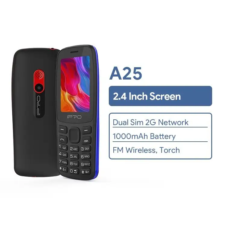 China Factory Cheapest price 2G GSM feature phone IPRO A25 2.4inch 32MB+32MB Dual Sim 1000mAh big battery Vibration mobile phone